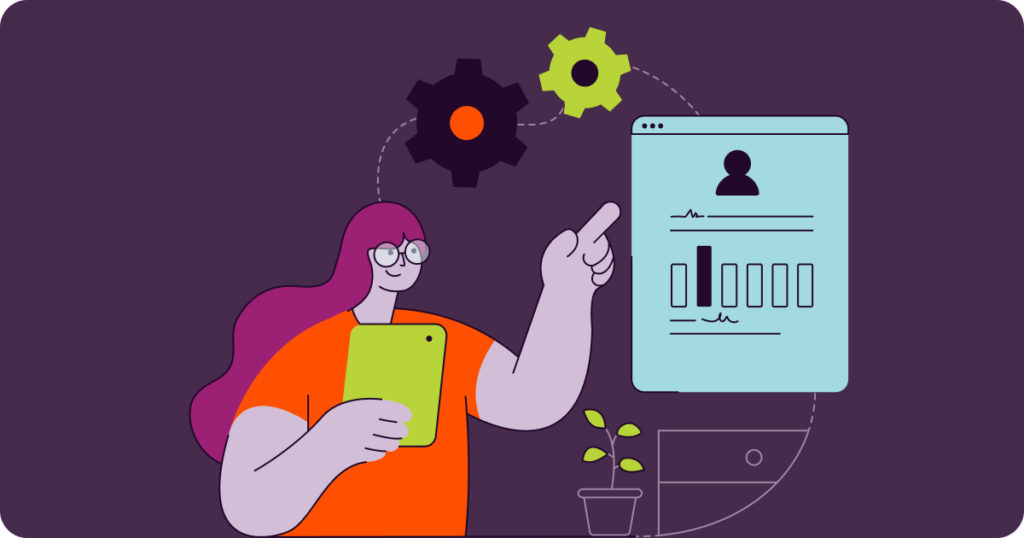 Illustration of a woman pointing to displayed analytics.