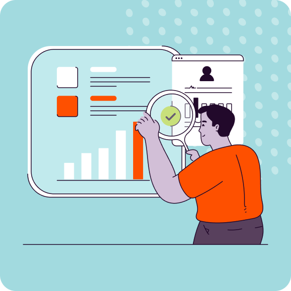 Illustration of man holding magnifier to a large graph.