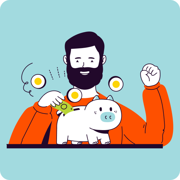 Illustration of bearded man putting money in a piggy bank.