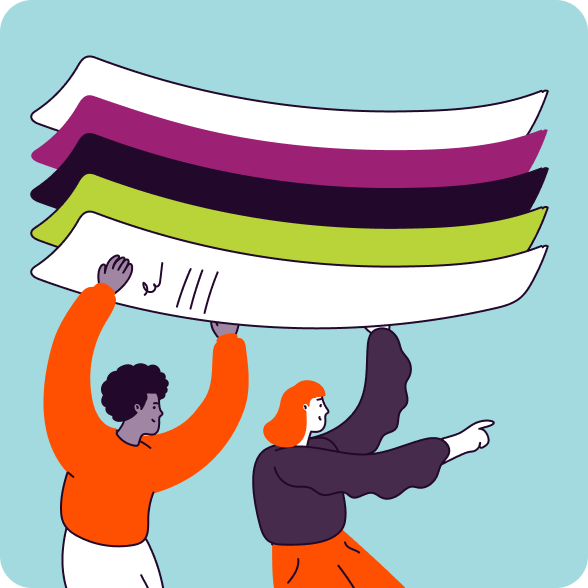 Illustration of two people holding oversized documents above their heads.