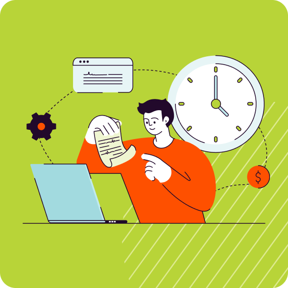 Illustrations of man seated in front of laptop. There is large clock behind him pointing to 5 o'clock.