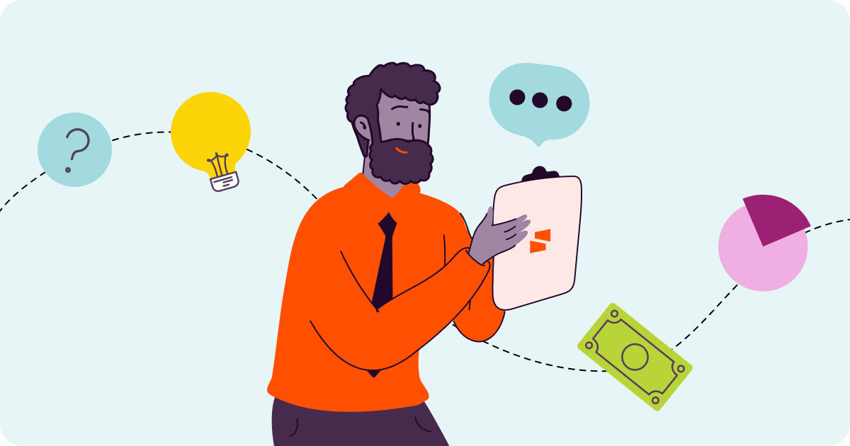 Illustration of person looking at a clipboard as thoughts flow through the image.