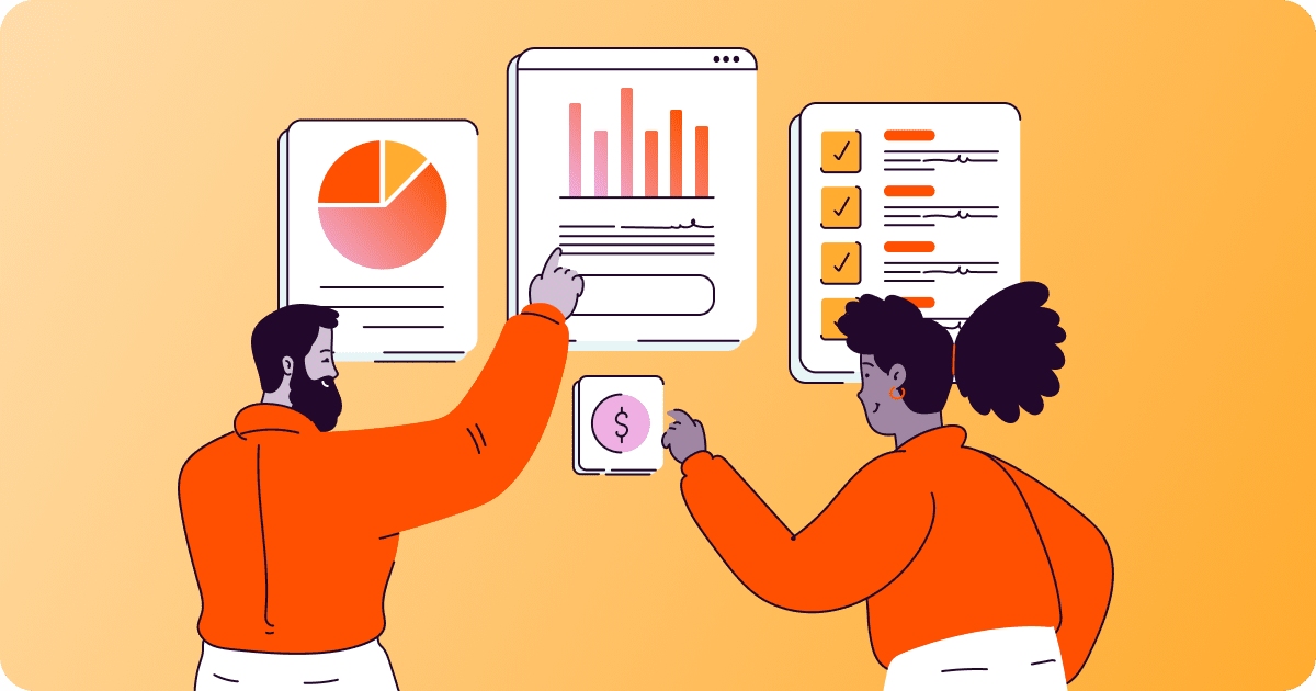 Illustration of two coworkers looking at multiple charts and graphs.