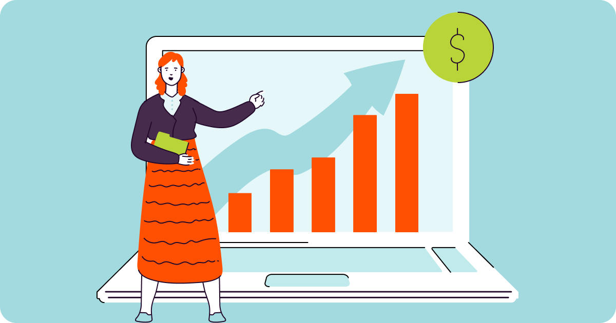 Illustration of a woman standing in front of a graph indicating increased revenue.