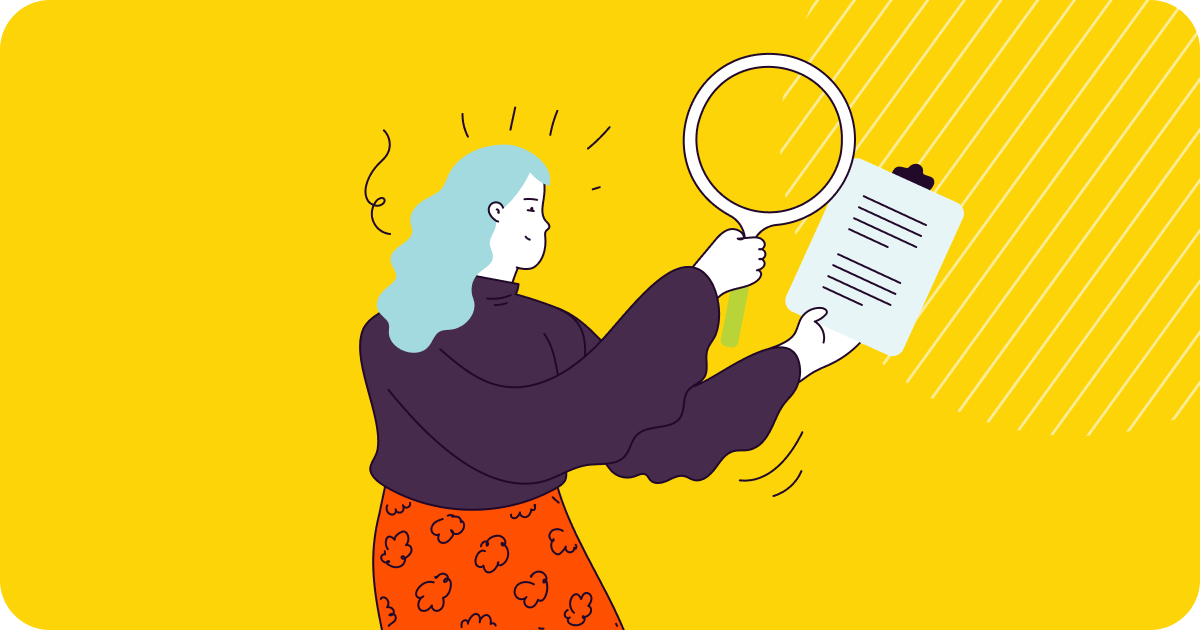 Illustration of a character holding a magnifying glass over a document.