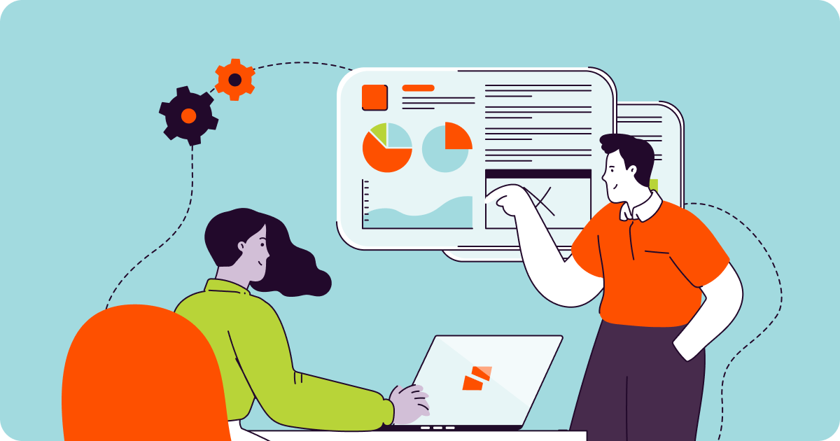 Illustration of office workers reviewing charts and written information.