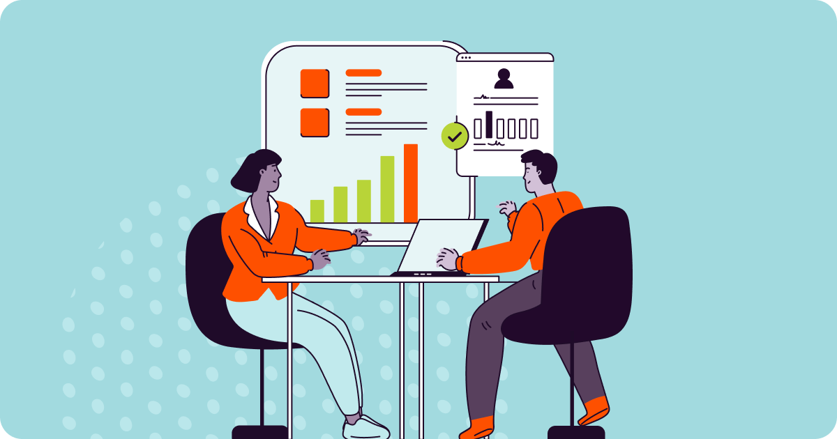 Illustration of two coworkers seated at a table. They are looking at some graphs.