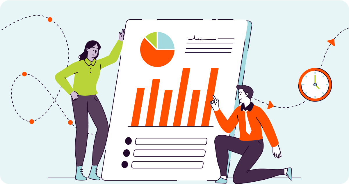 Illustration of two people looking at data results.