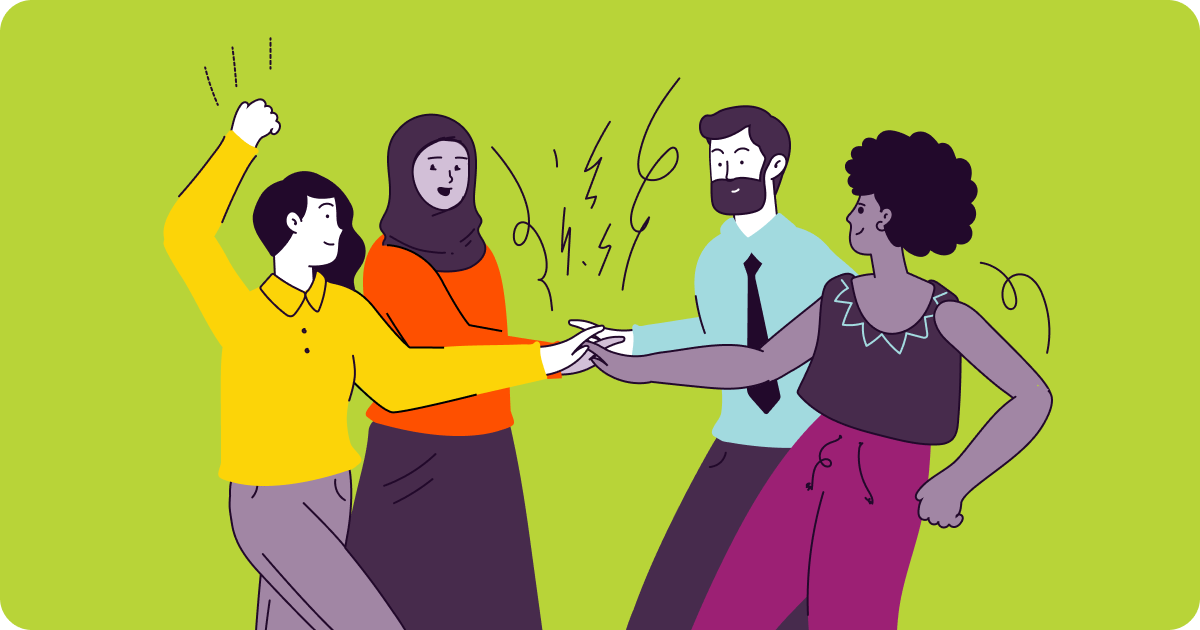 Illustration of a small group of people joining in a single hand clasp.