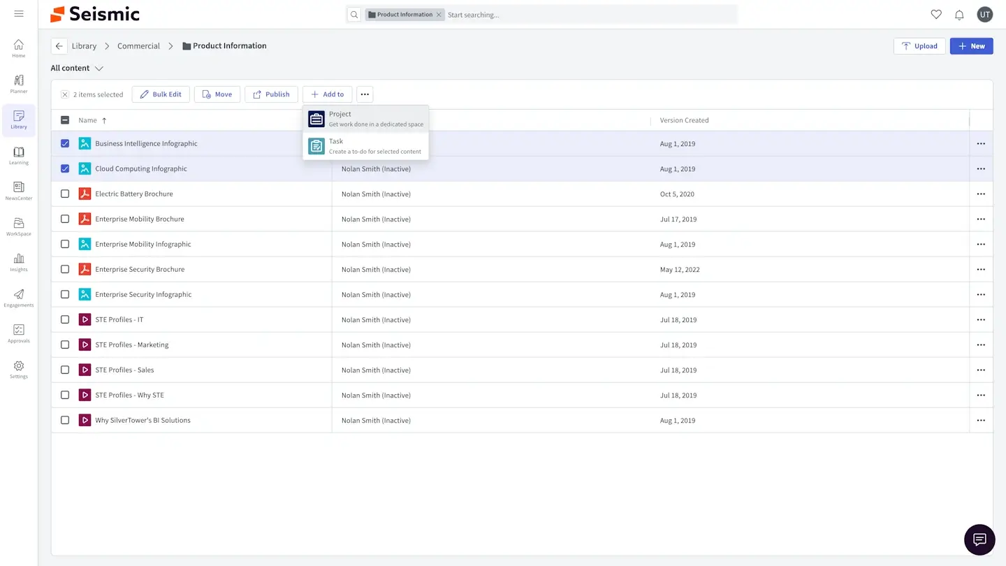 A screenshot showing a list of files in the Seismic Library Commercial Product Information folder. 