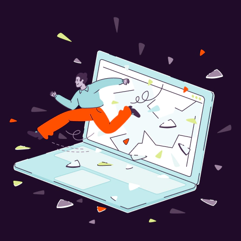 Illustration of a person bursting out of a laptop screen.