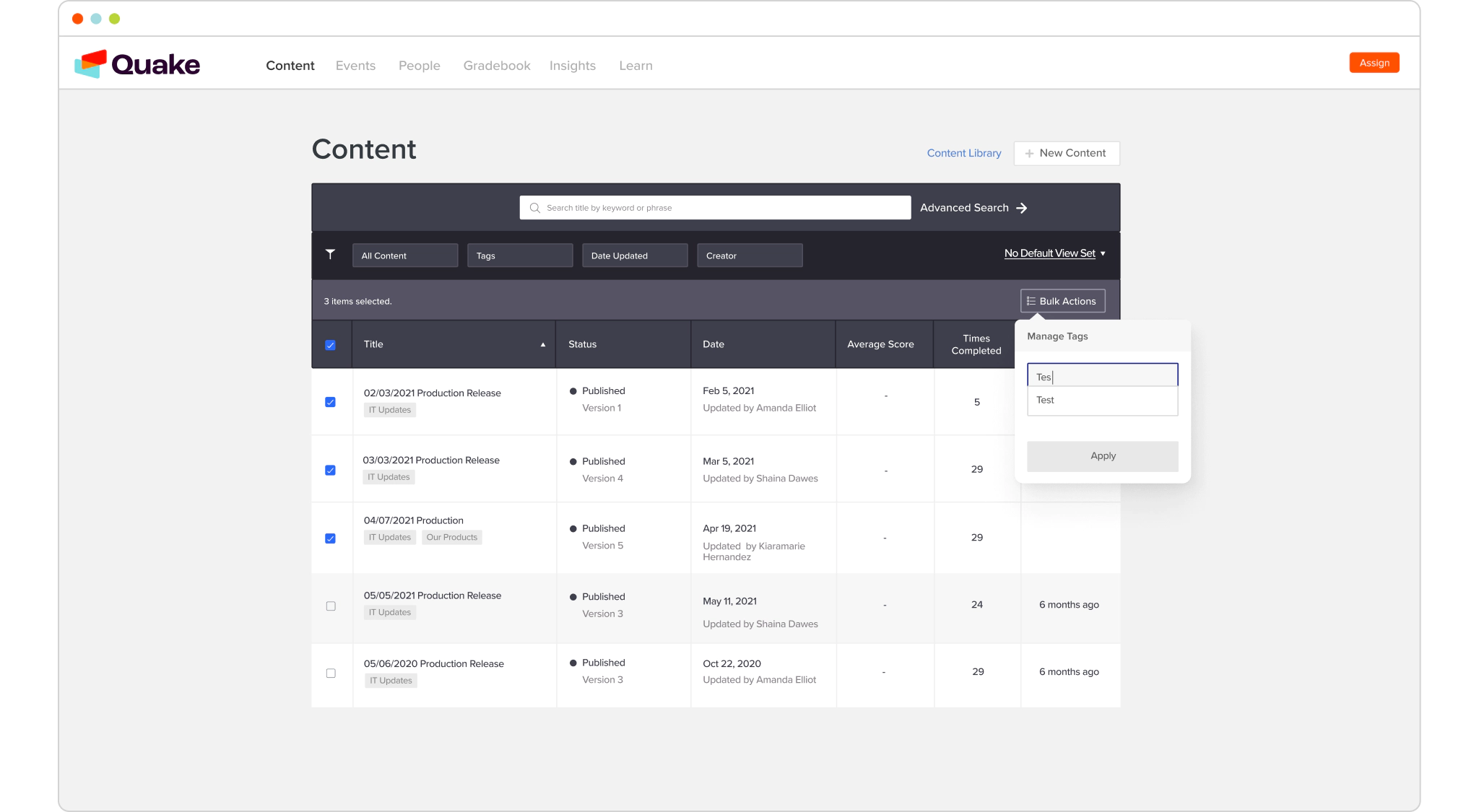Screenshot of Content tab