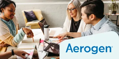 Aerogen logo + image of three people having a discussion while seated around a desk.