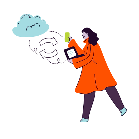 Illustration of a woman downloading content from the cloud.