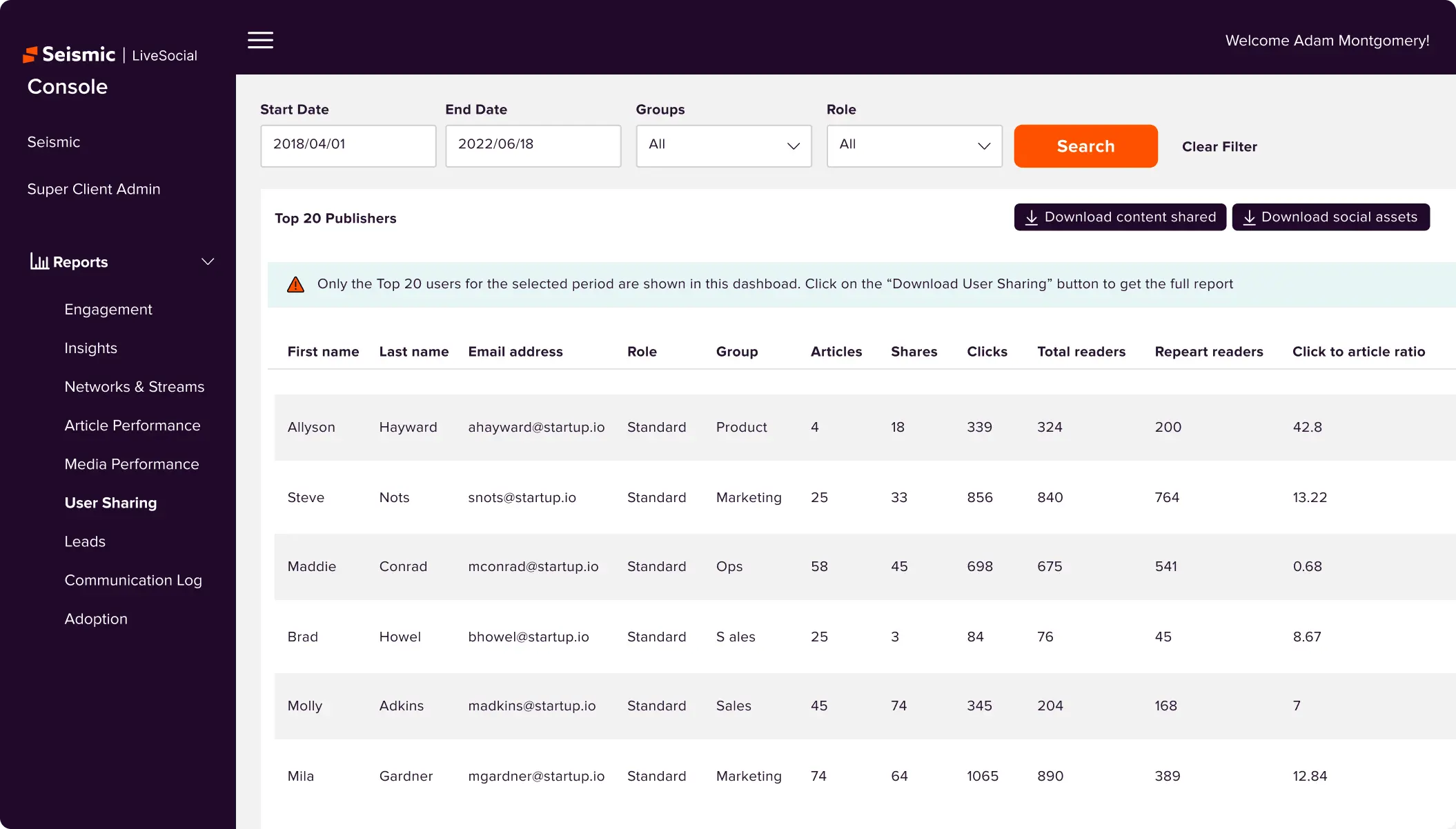 Screenshot of Seismic LiveSocial console.