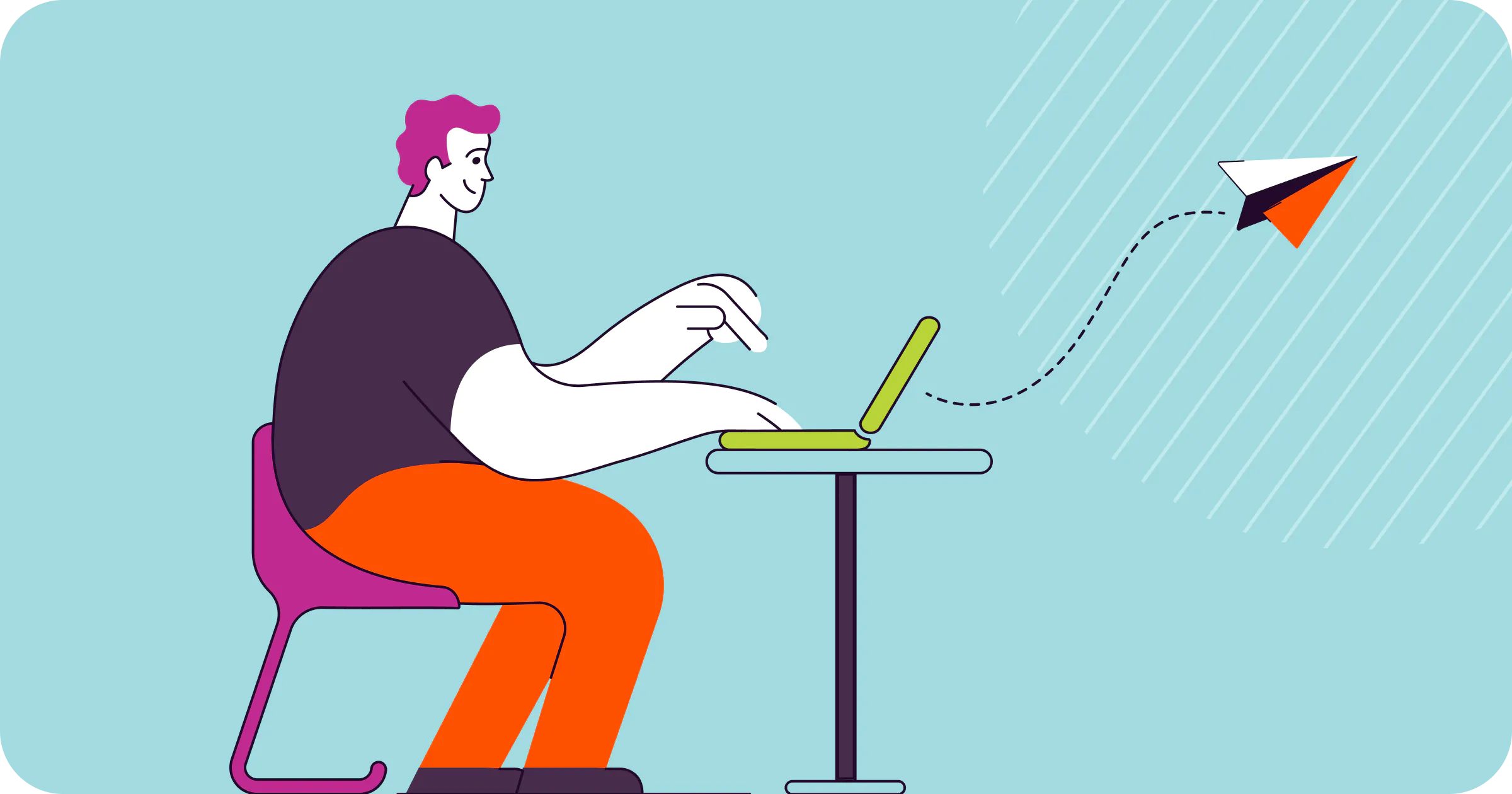 An illustration of a person sitting at a desk typing on a laptop.